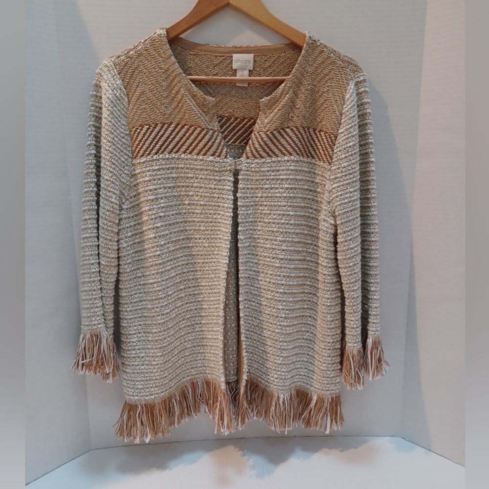 Chico's Womens‎ Brown Cream Gold Knit Fringe Hem Cardigan Size 2